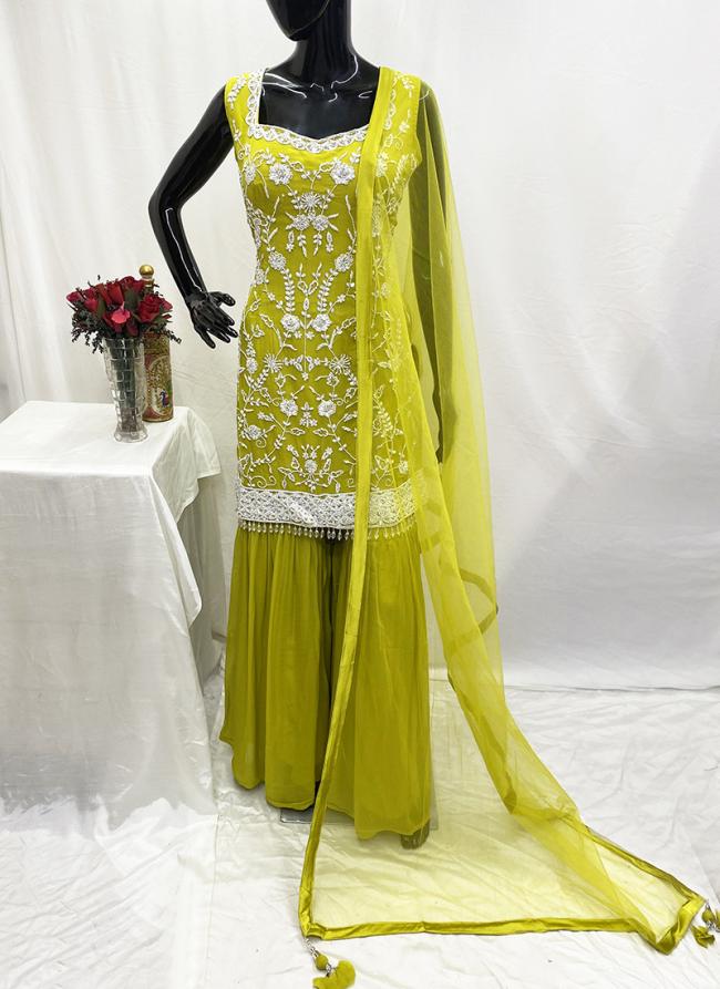 Georgette Olive Wedding Wear Sequins Work Readymade Sharara Suit